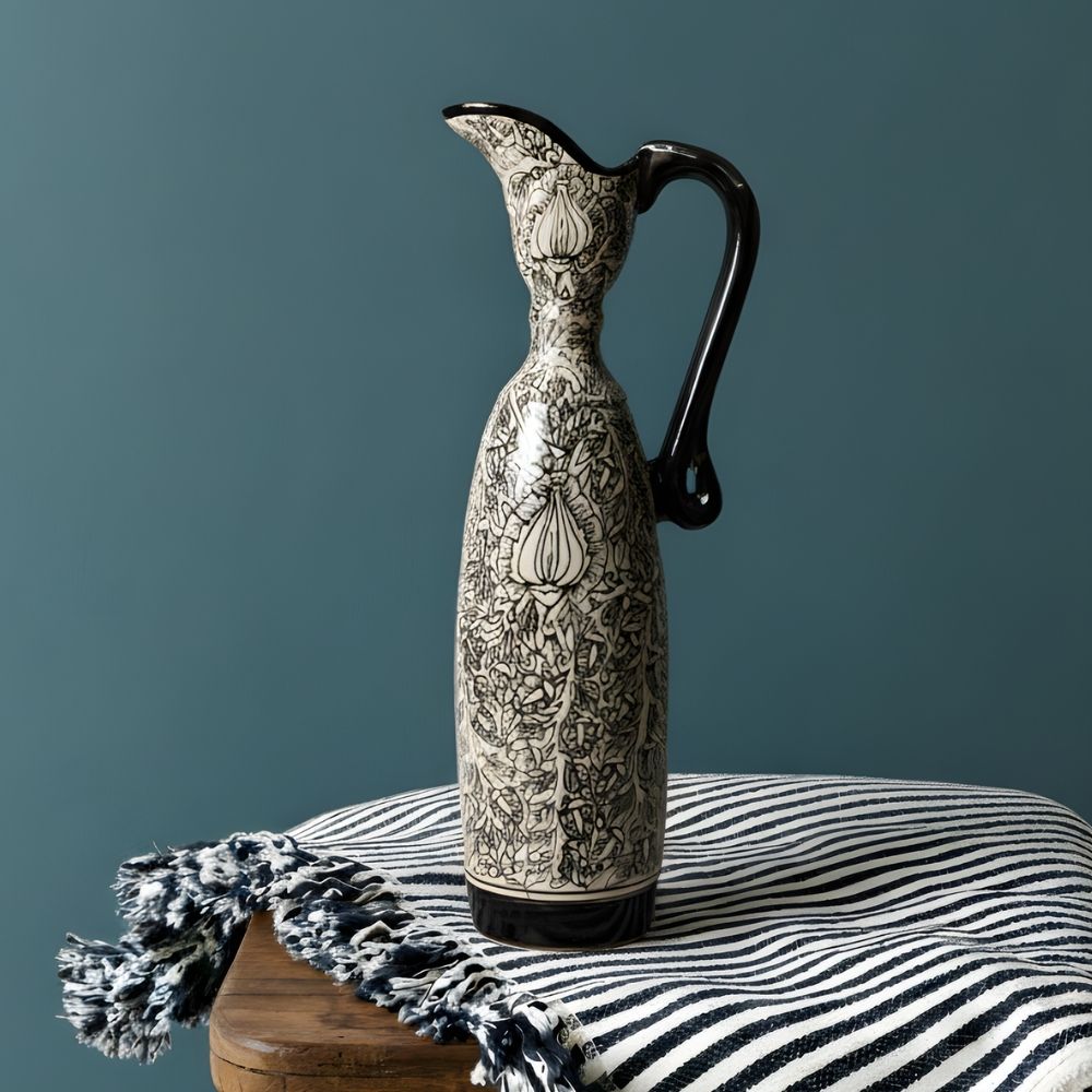 kalamkari ceramic decorative pitcher cylindrical design for home décor accent vase style showpiece with artistic printed pattern